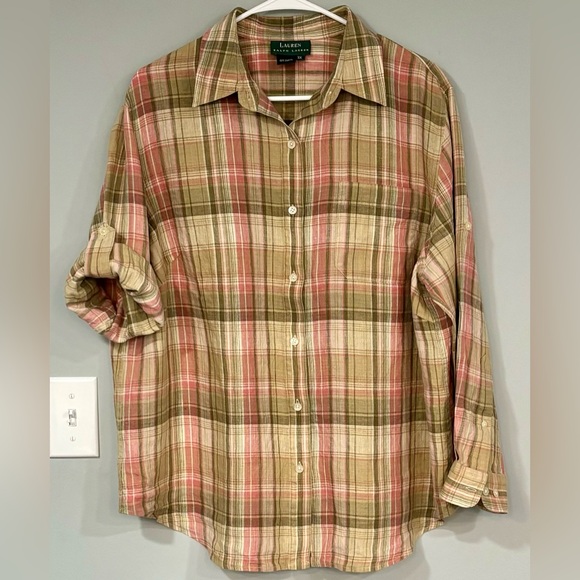 SOLD -LAUREN by RALPH LAUREN Plaid Linen CONVERTIBLE Button Down Blouse Shirt 2X - Picture 2 of 4